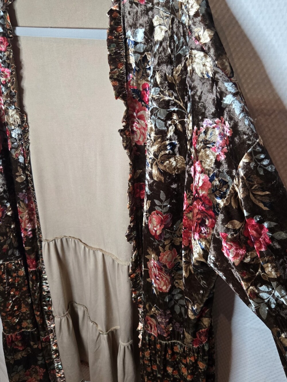 Floral Velvet Kimono Duster in Brown and Rose